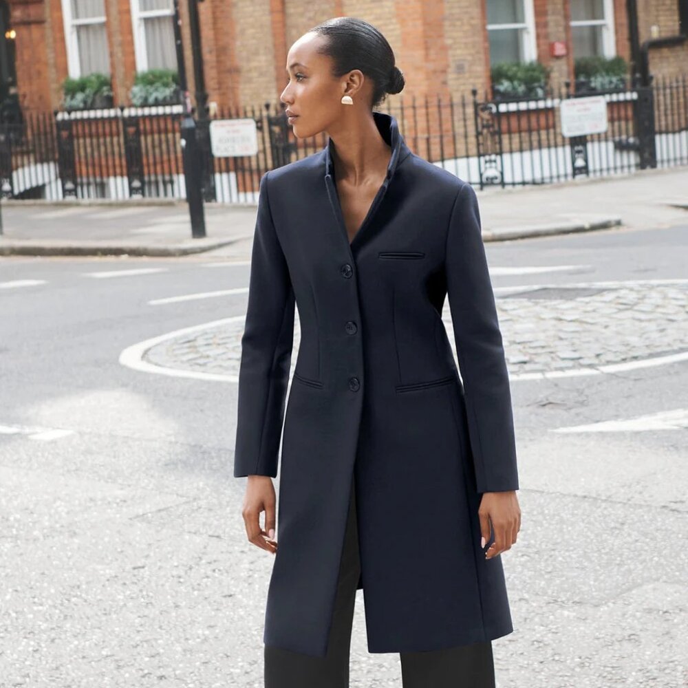 High end navy wool blend coat women